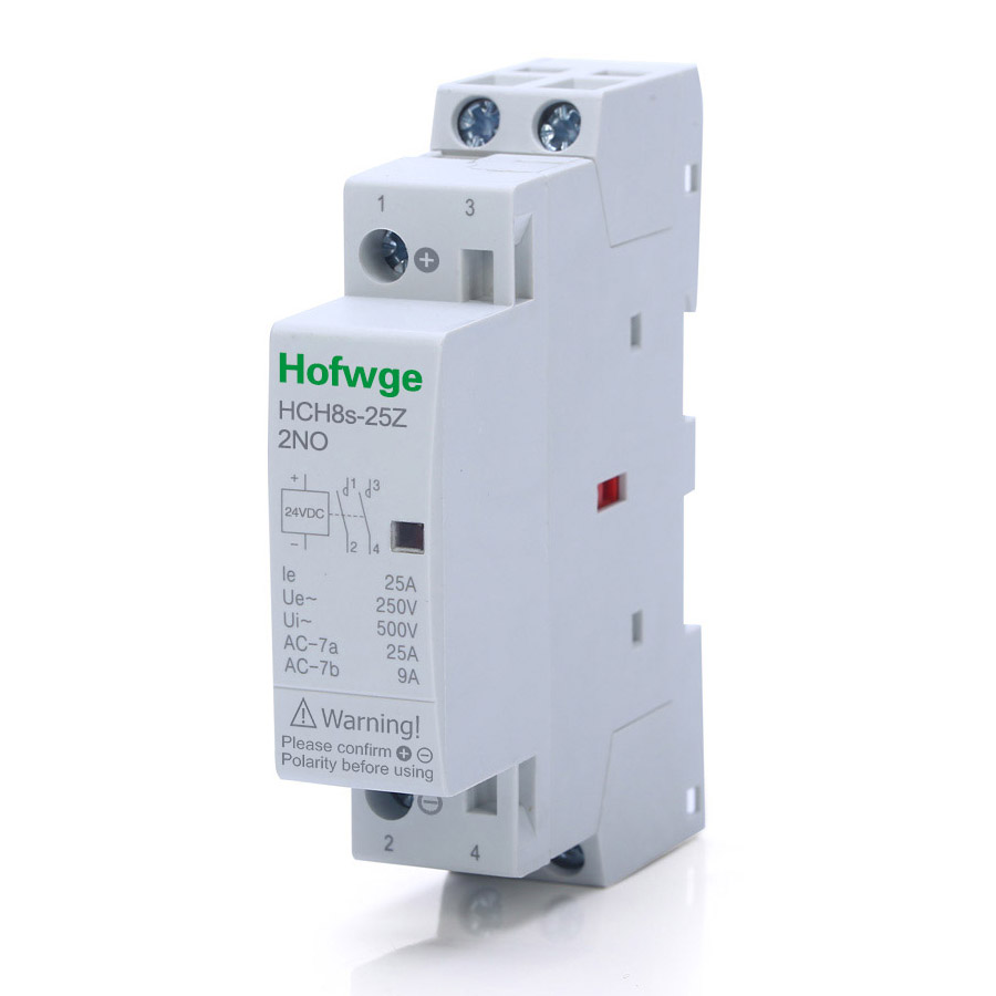 Contattore AC HCH8s-25Z 2 Poli, Bobina 24V DC, 25A, 500V, Montaggio Su Guida DIN, Normale Aperto (NO)